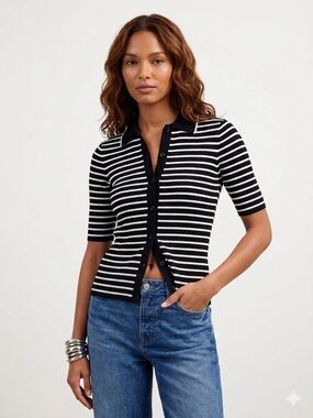 Madewell Black & White Striped Ribbed Polo Tee Cardigan Short Sleeve Small